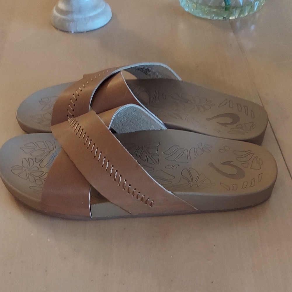 OluKai Tan Leather Cross-Strap Slide Sandals - Picture 5 of 11